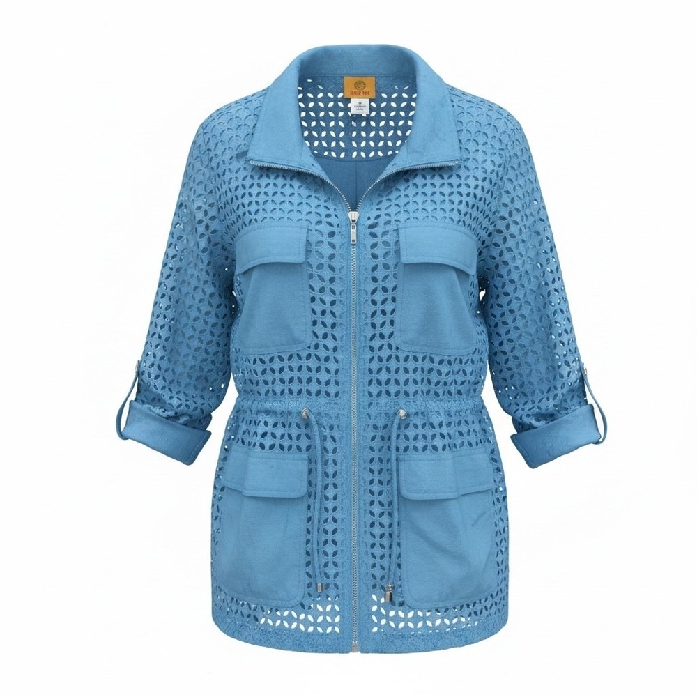 Ruby Rd Womens Plus 18 Blue Eyelet Utility Jacket Cotton Zip Up Safari Coat